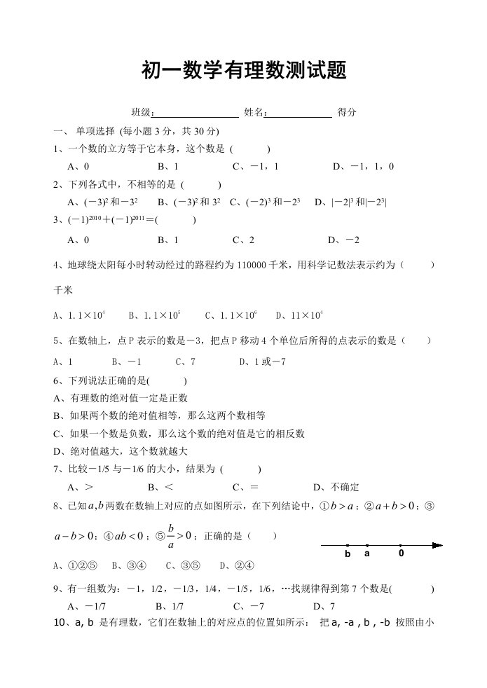 初一数学有理数测试题