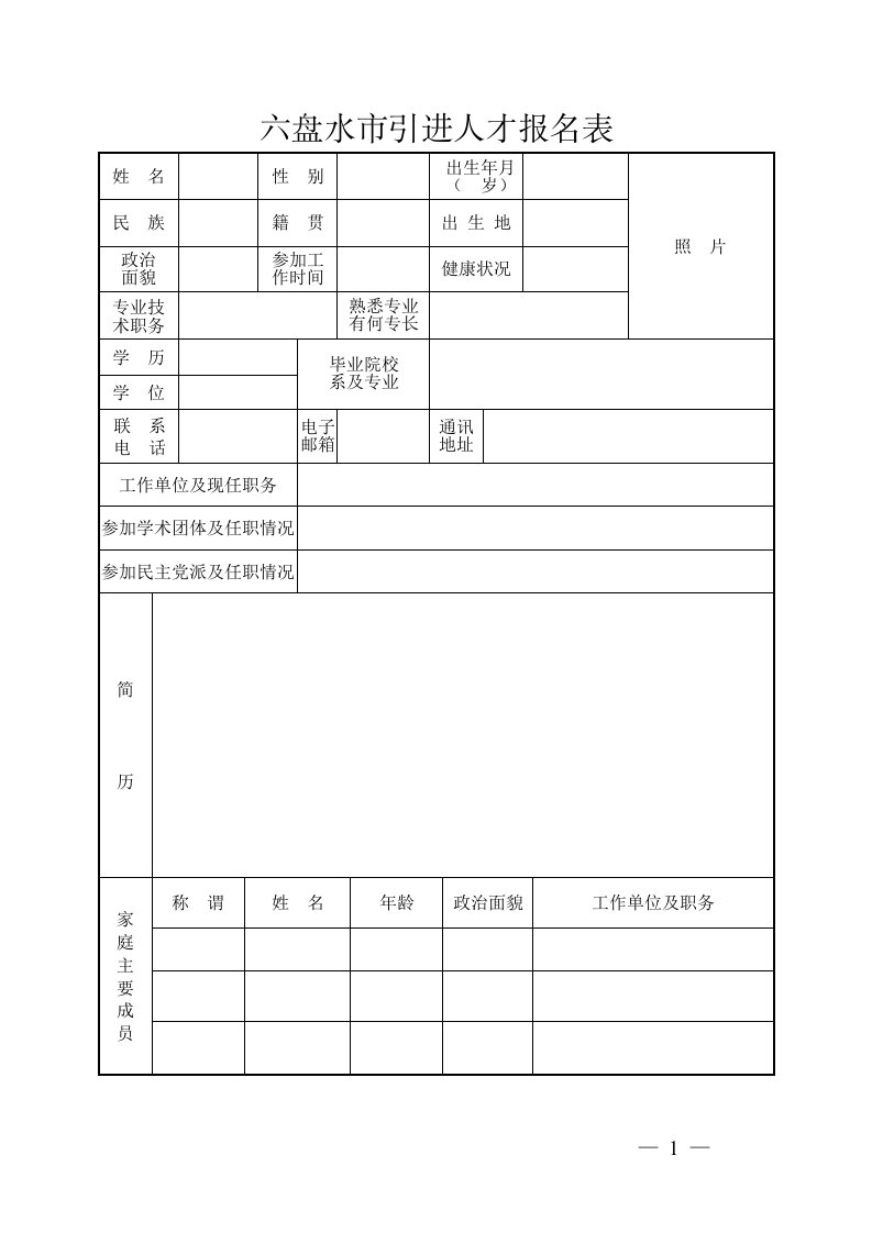 六盘水市引进人才报名表