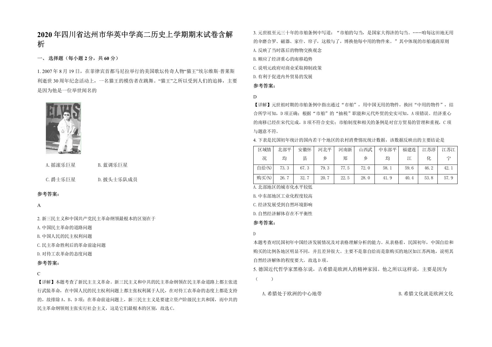 2020年四川省达州市华英中学高二历史上学期期末试卷含解析