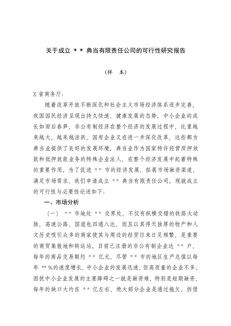 典当有限责任公司成立可行性研究报告