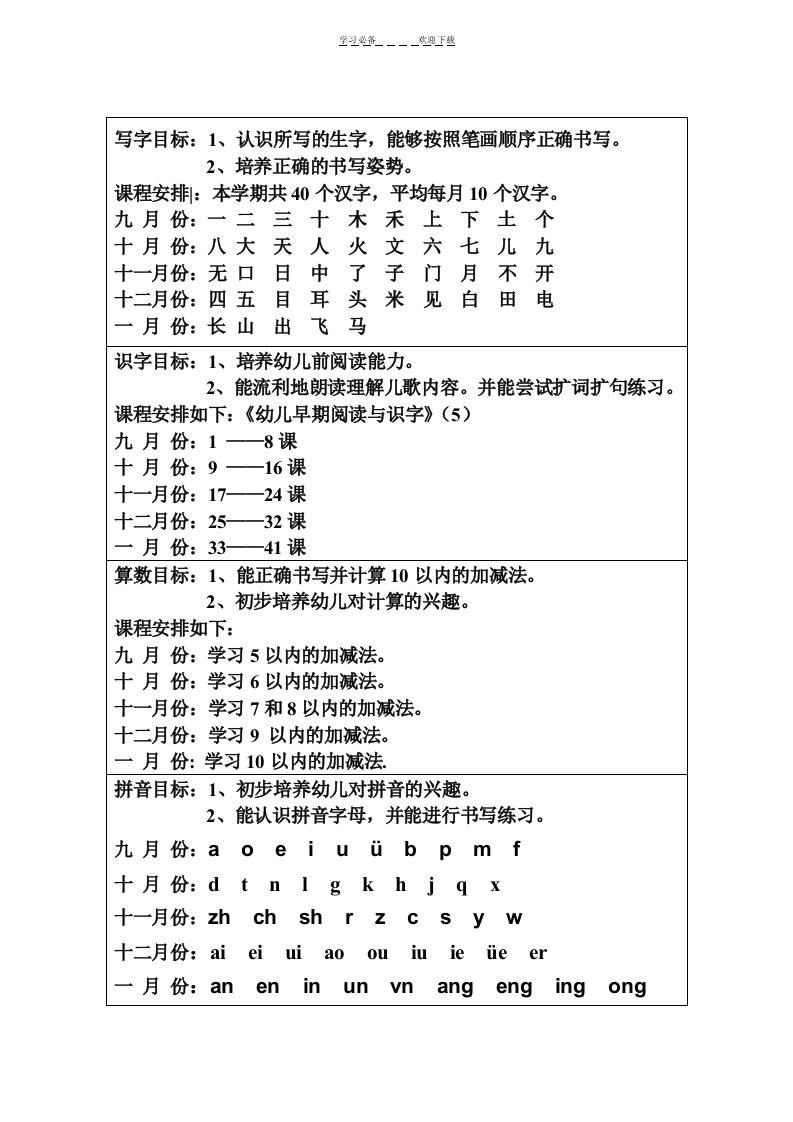 大班识字目标写字拼音算数活动目标