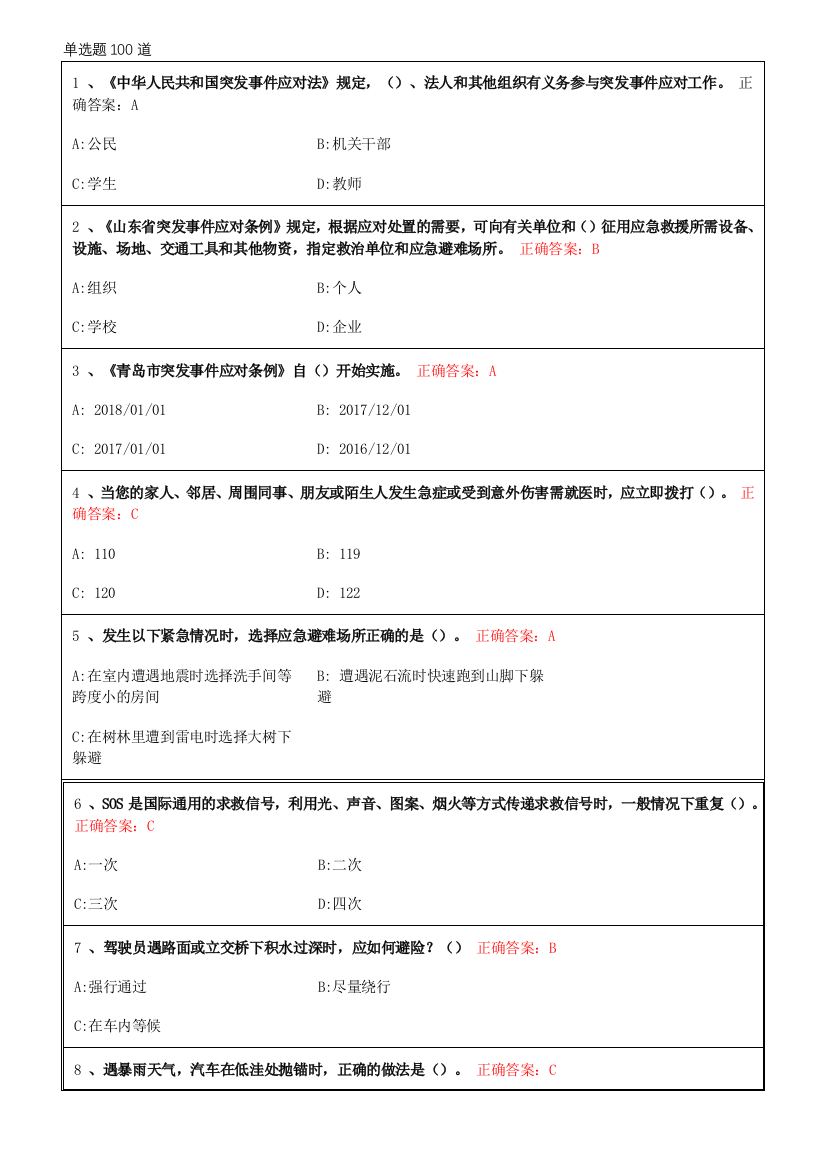 2018-青岛-市民-卫生应急基本知识与技能网络在线培训和答题-单选题100道