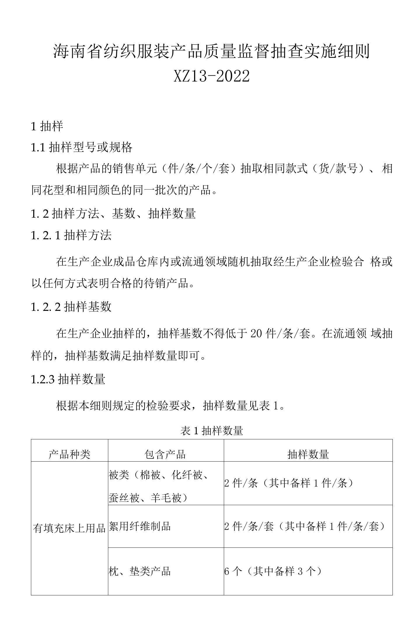 XZ13-2022海南省纺织服装产品质量监督抽查实施细则