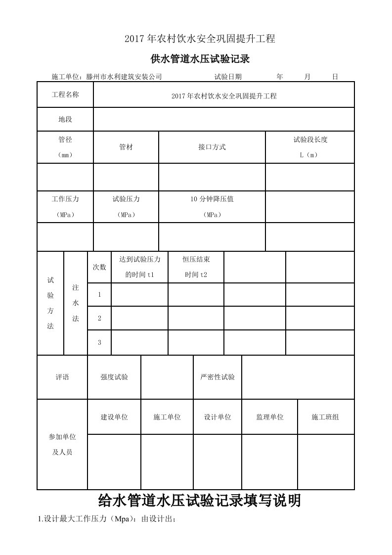 供水管道水压试验记录表