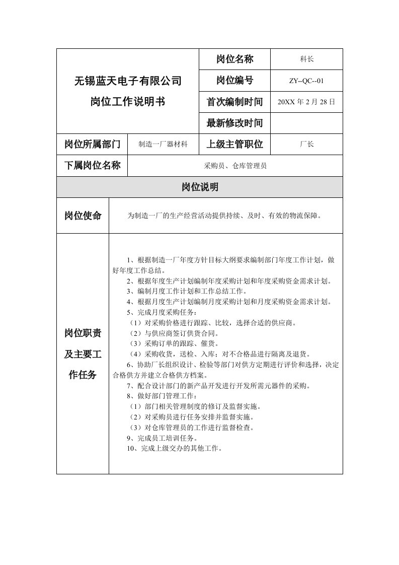 电子行业-无锡蓝天电子有限公司制造一厂器材科岗位说明书