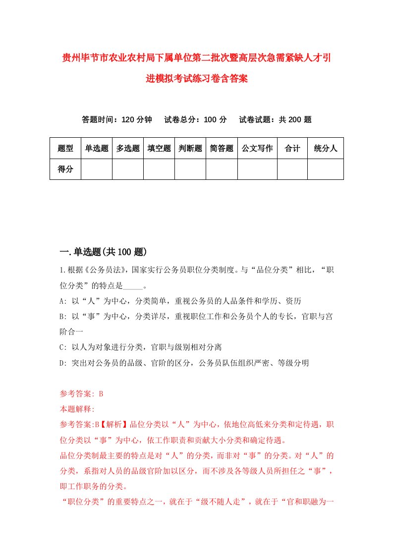 贵州毕节市农业农村局下属单位第二批次暨高层次急需紧缺人才引进模拟考试练习卷含答案8