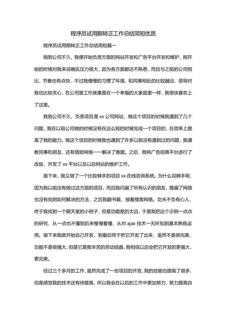 程序员试用期转正工作总结简短优质