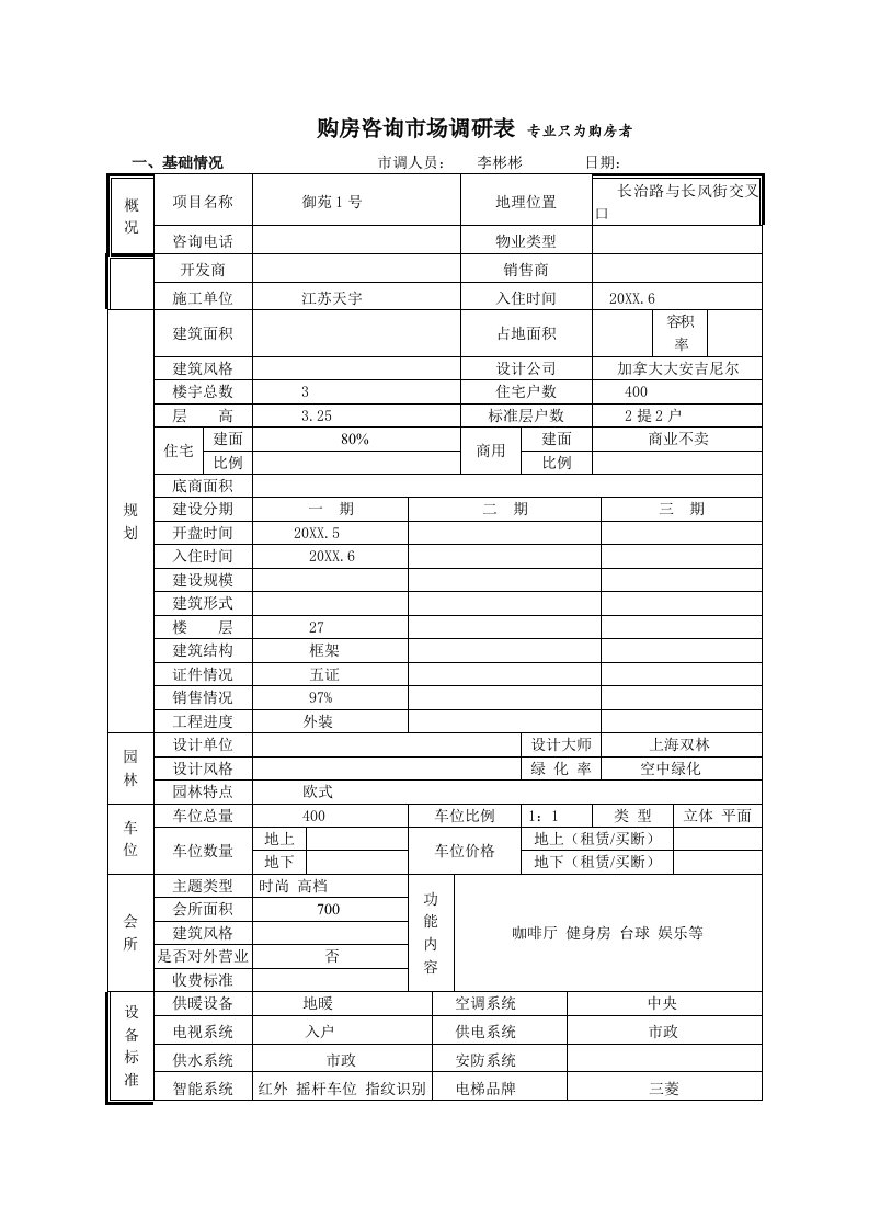 推荐-御苑Ⅰ号市场调查表