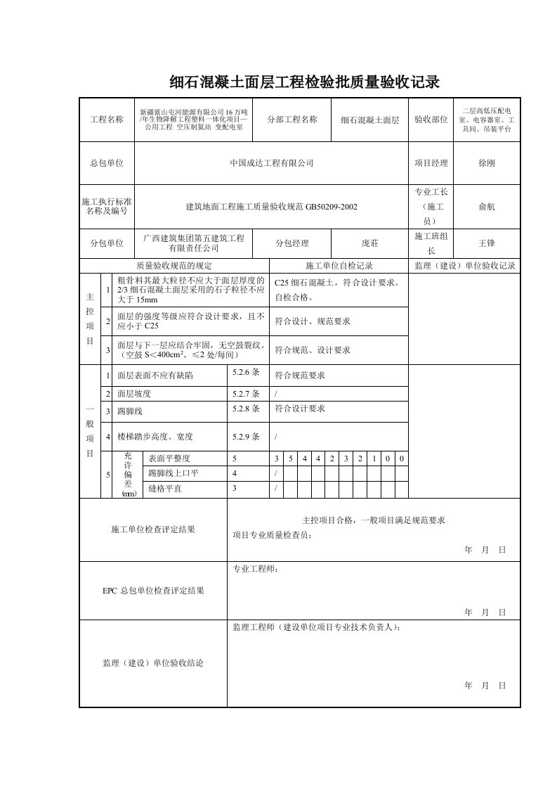 地面细石混凝土面层检验批质量验收记录