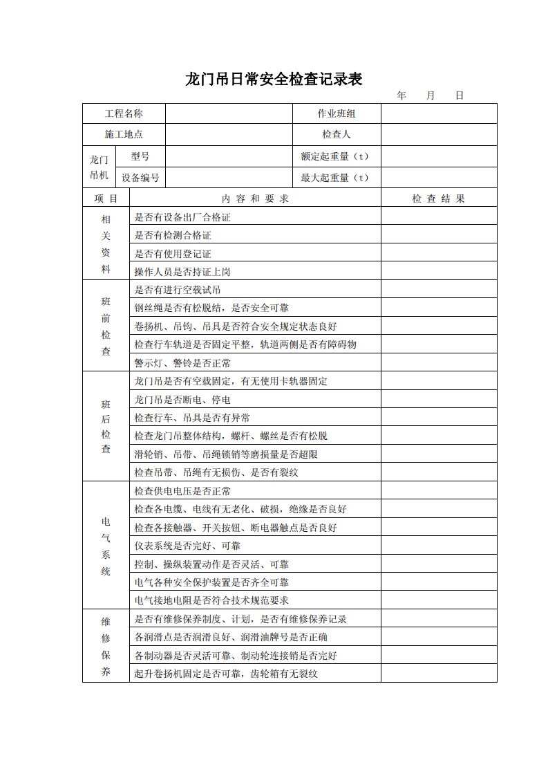 龙门吊日常安全检查记录表