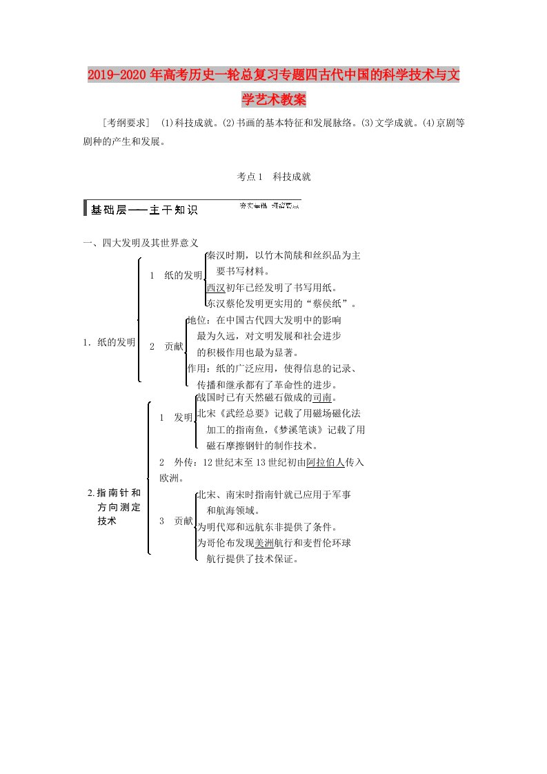 2019-2020年高考历史一轮总复习专题四古代中国的科学技术与文学艺术教案