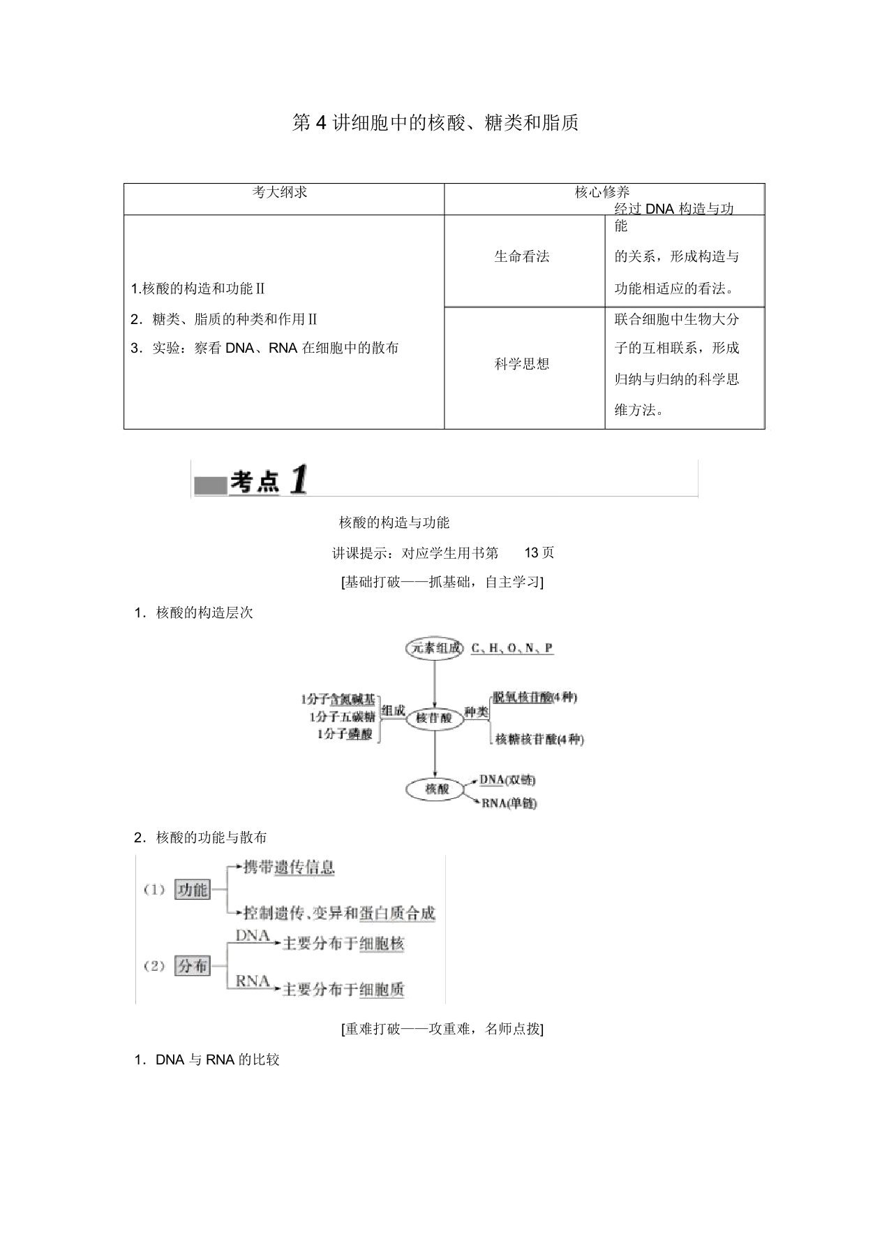 (新课标)高考生物一轮总复习第1单元第4讲细胞中核酸糖类和脂质教案