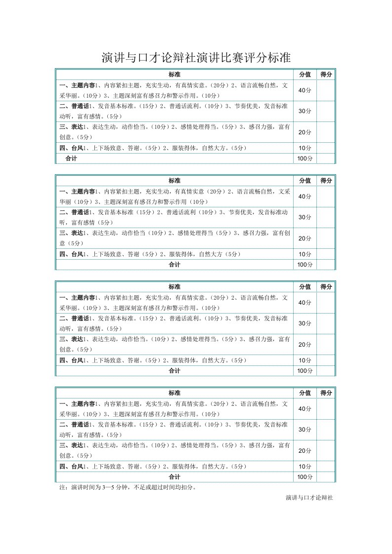 演讲与口才论辩社演讲比赛评分标准模板