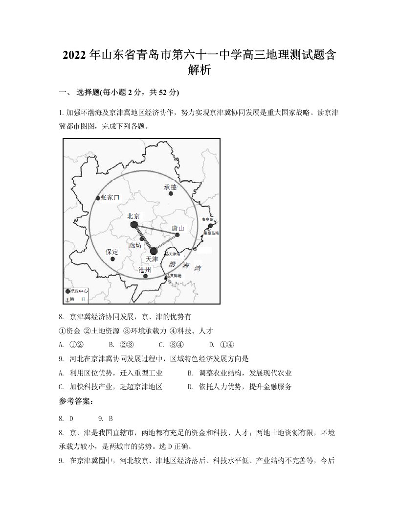 2022年山东省青岛市第六十一中学高三地理测试题含解析