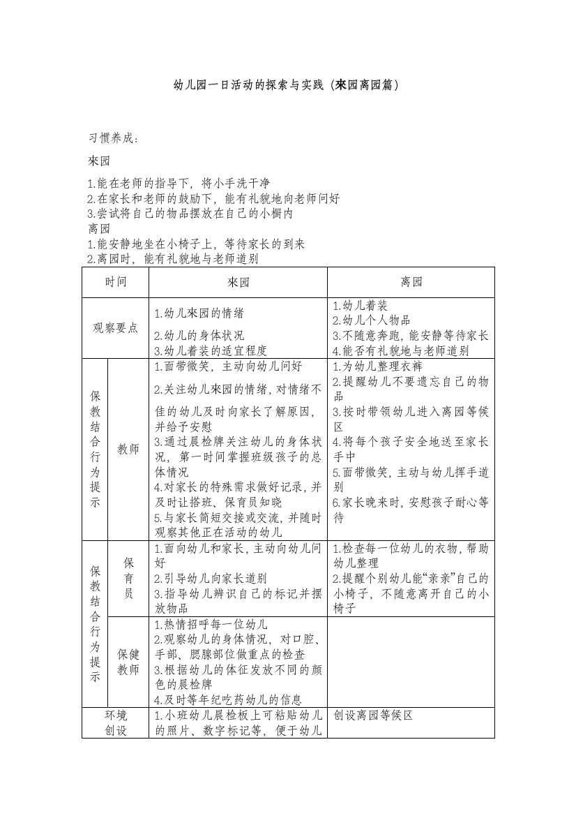 幼儿园一日活动的探索与实践（来园离园篇）