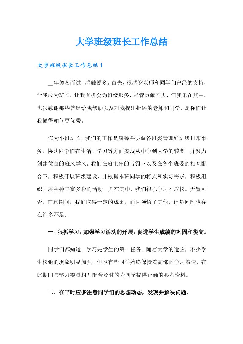 大学班级班长工作总结