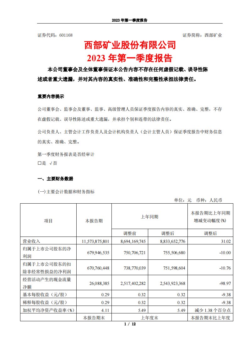 上交所-西部矿业2023年第一季度报告-20230419