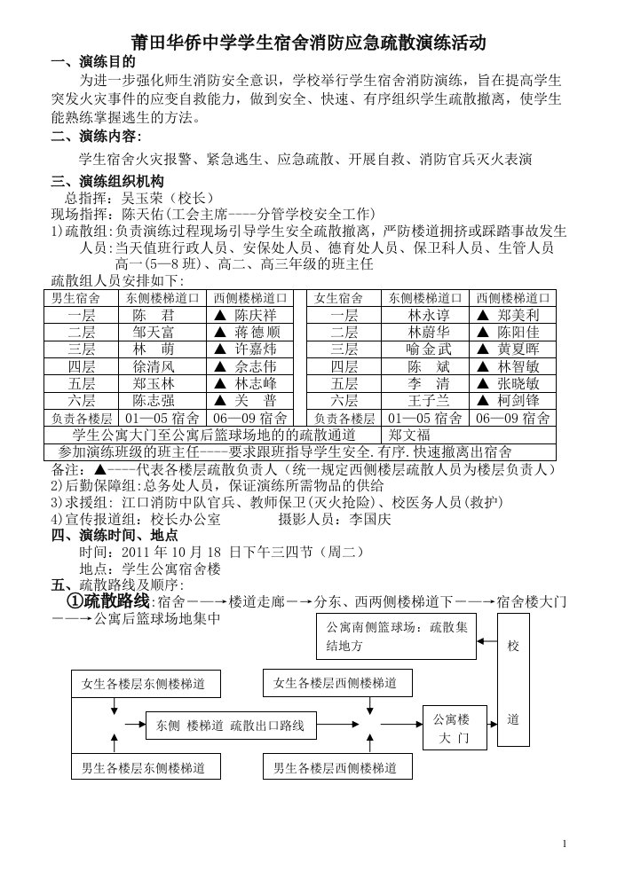 莆田华侨中学学生宿舍消防模拟疏散演练方案