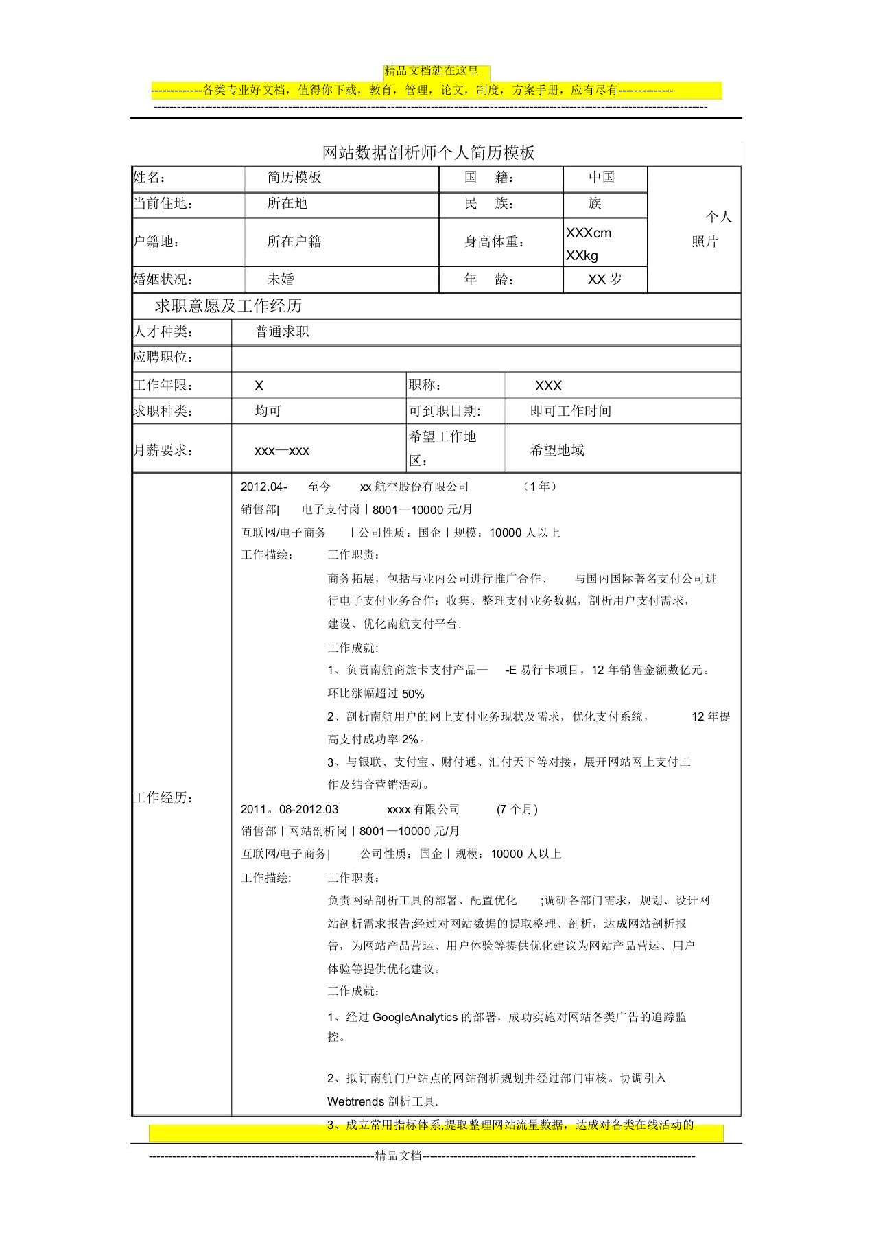 网站数据分析师个人简历模板