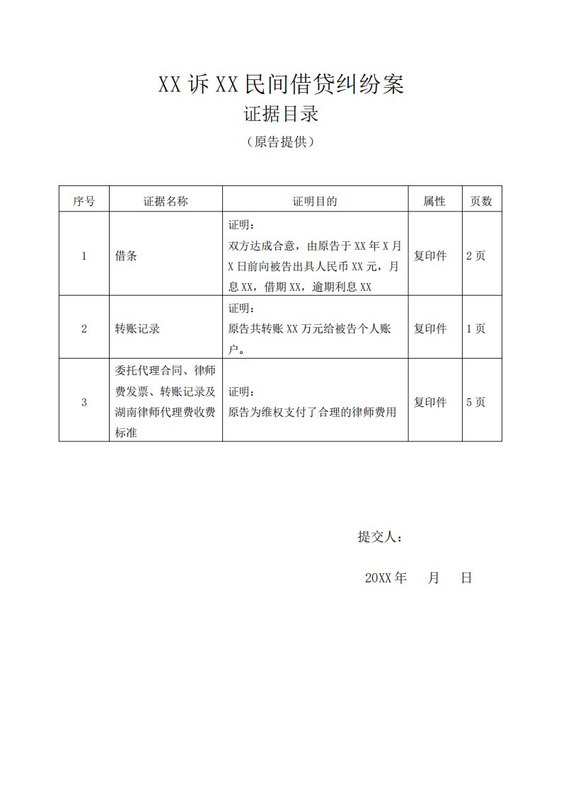 民间借贷纠纷证据目录模板