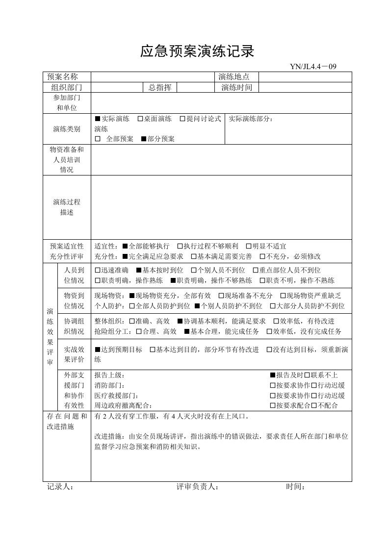 施工企业应急预案演练记录表