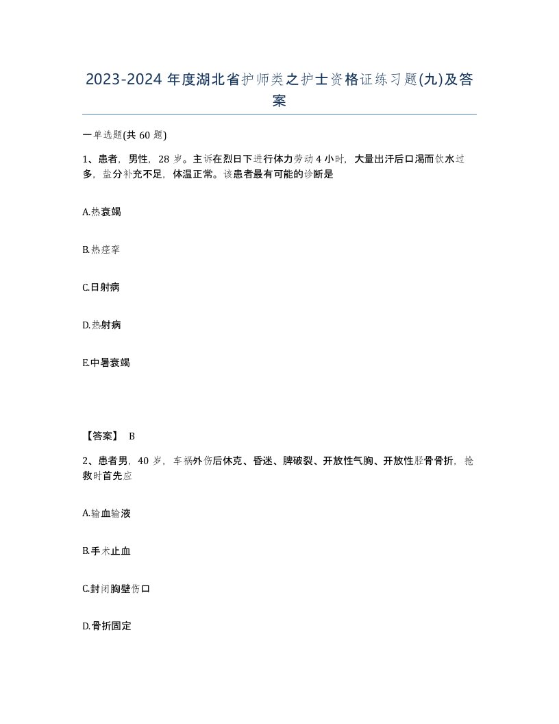 2023-2024年度湖北省护师类之护士资格证练习题九及答案