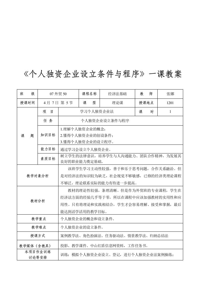 个人独资企业设立条件与程序教案