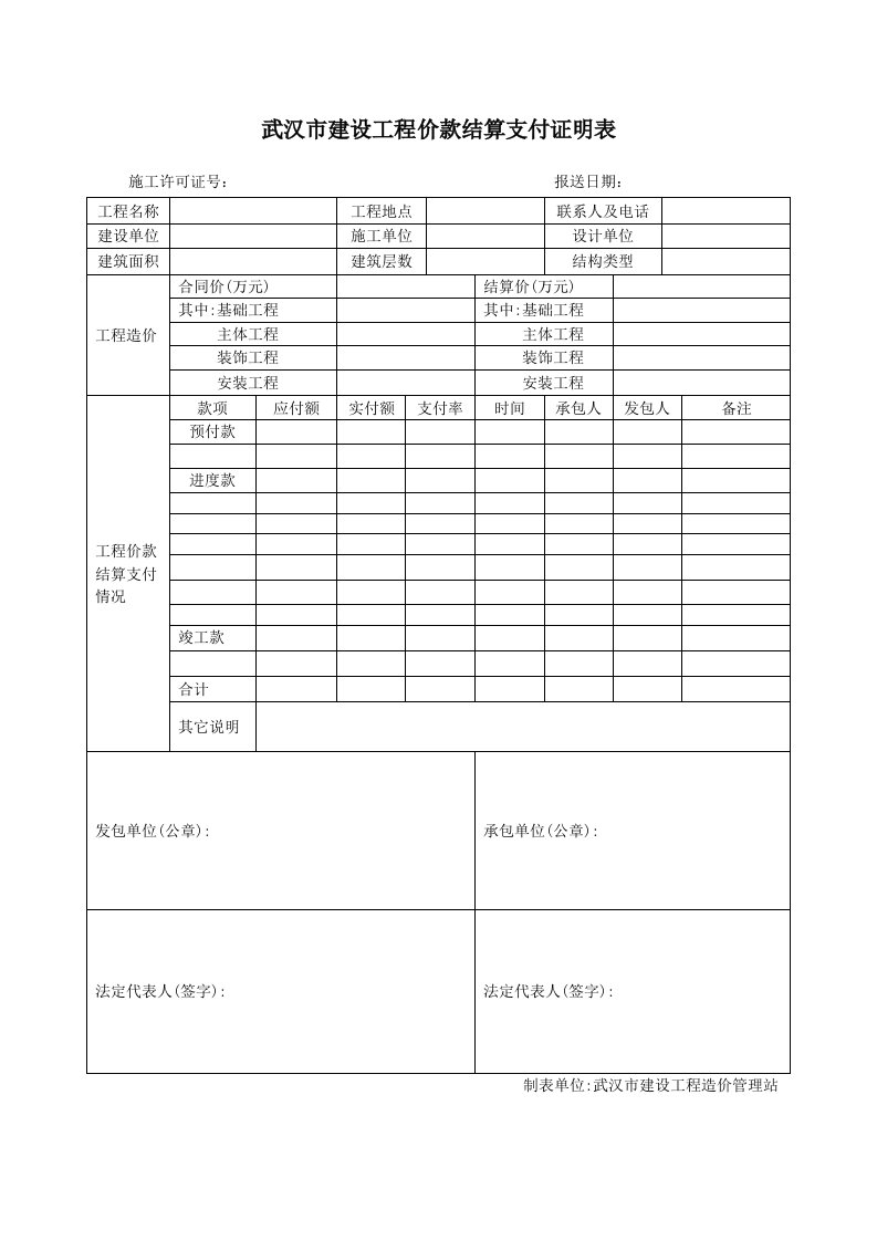 武汉市建设工程价款结算支付证明表