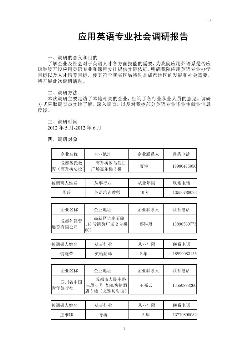 应用英语专业(应用英语方向)社会调研报告(运行)