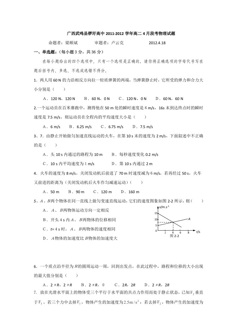 广西武鸣县锣圩高中高二4月段考物理试题无答案