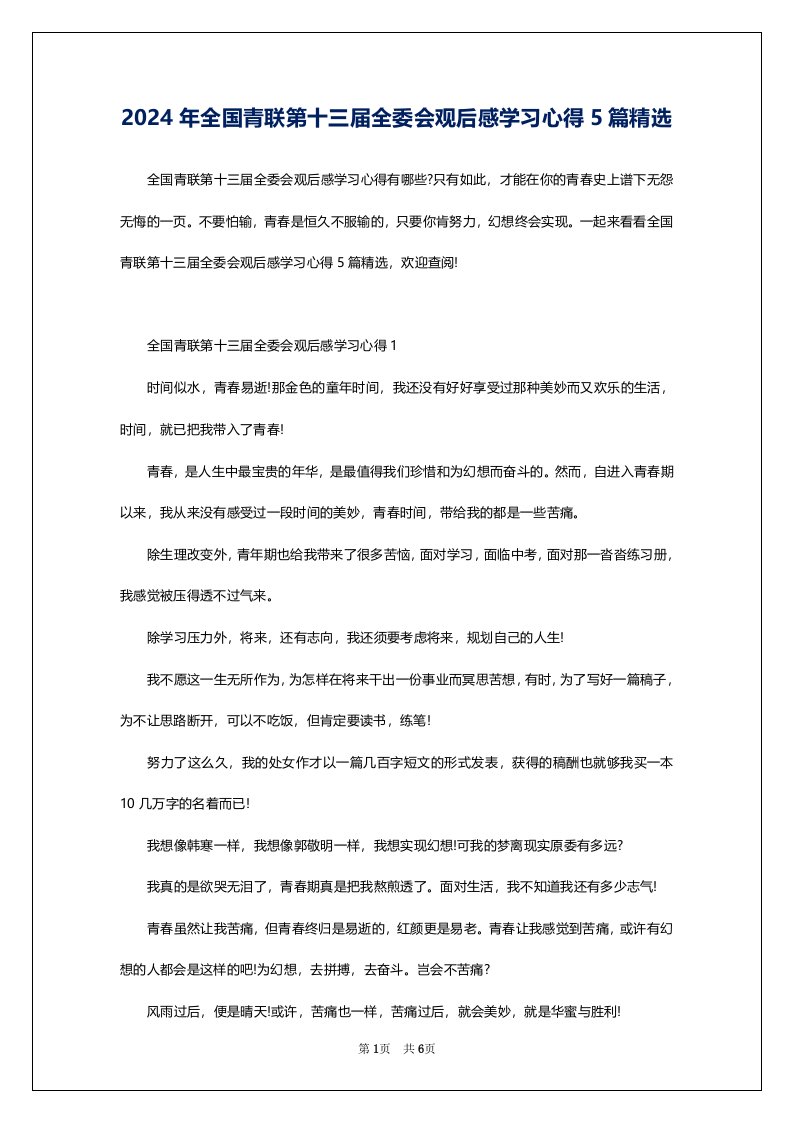 2024年全国青联第十三届全委会观后感学习心得5篇精选