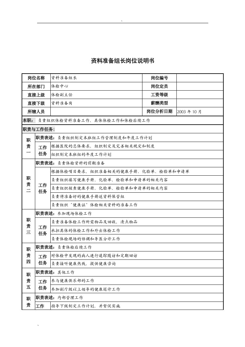 湖北新华医院体检中心资料准备组长岗位说明书