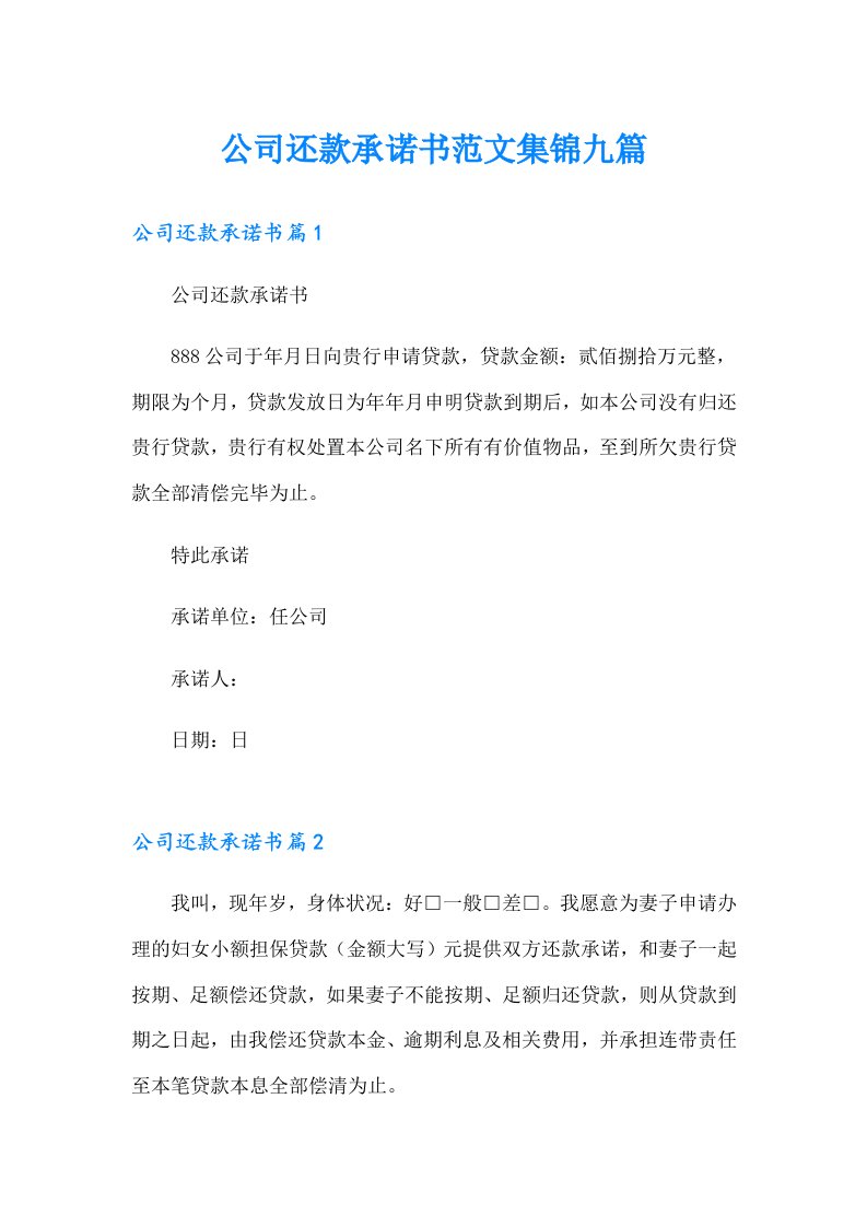 公司还款承诺书范文集锦九篇