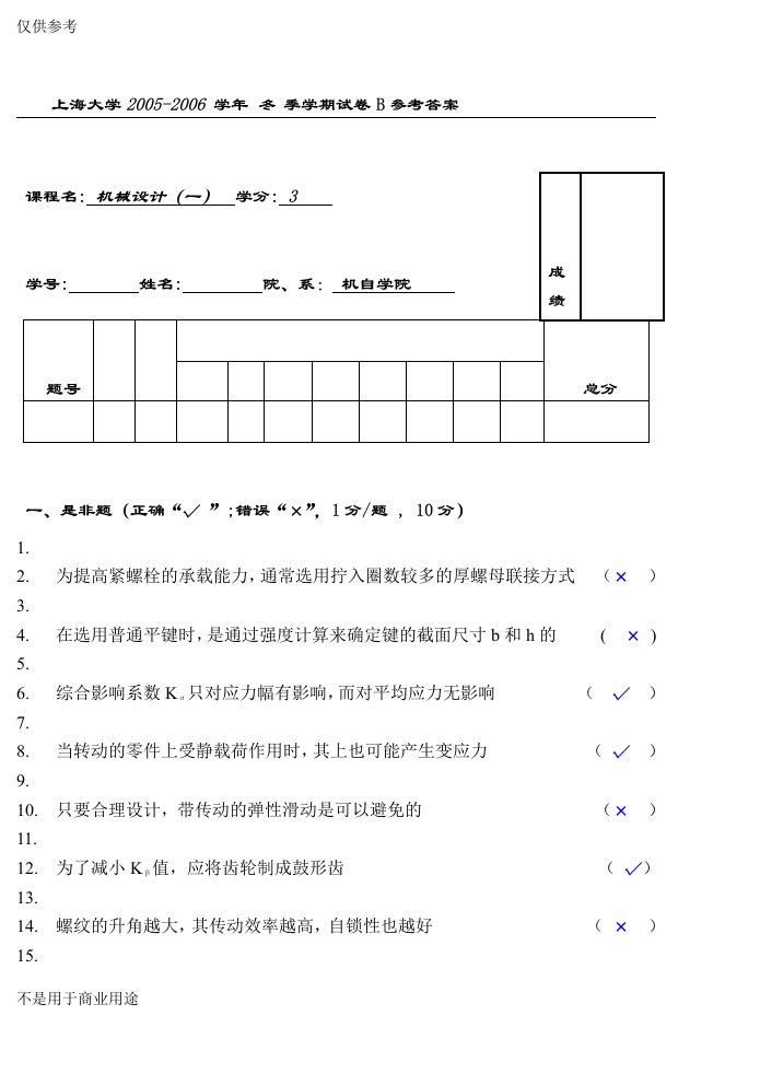 上海大学机械设计(一)试题B及答案