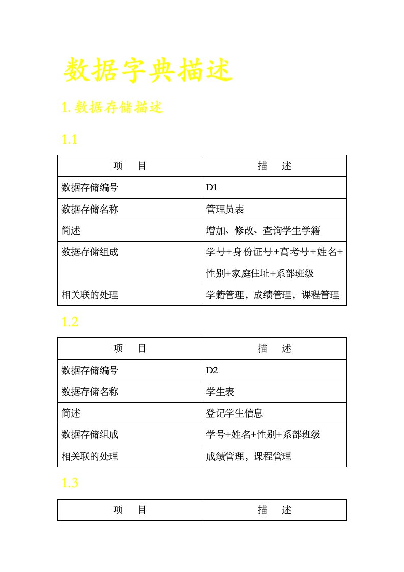 学生信息管理系统数据字典