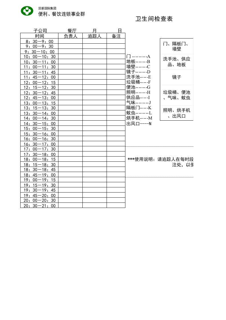 《德克士系统运营管理资料》卫生间检查表6－8