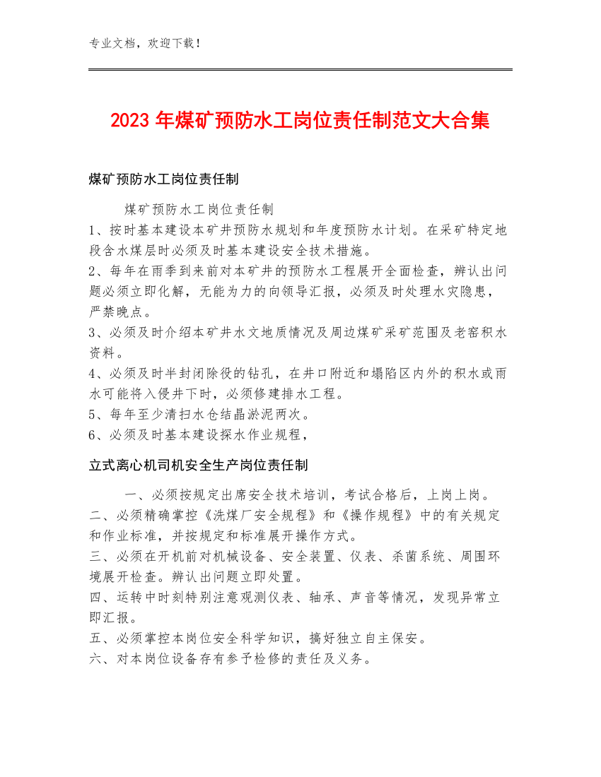 2023年煤矿预防水工岗位责任制范文大合集