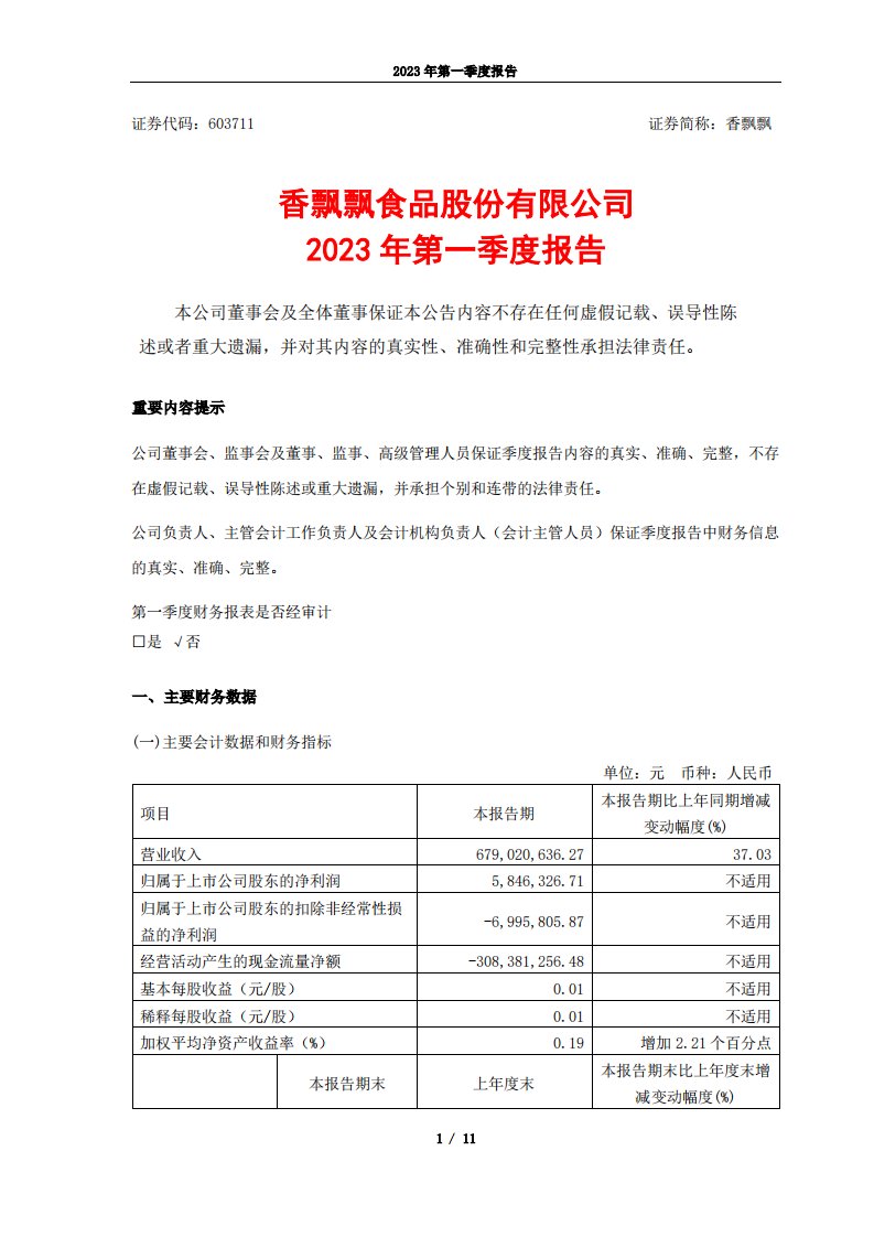 上交所-香飘飘2023年第一季度报告-20230417