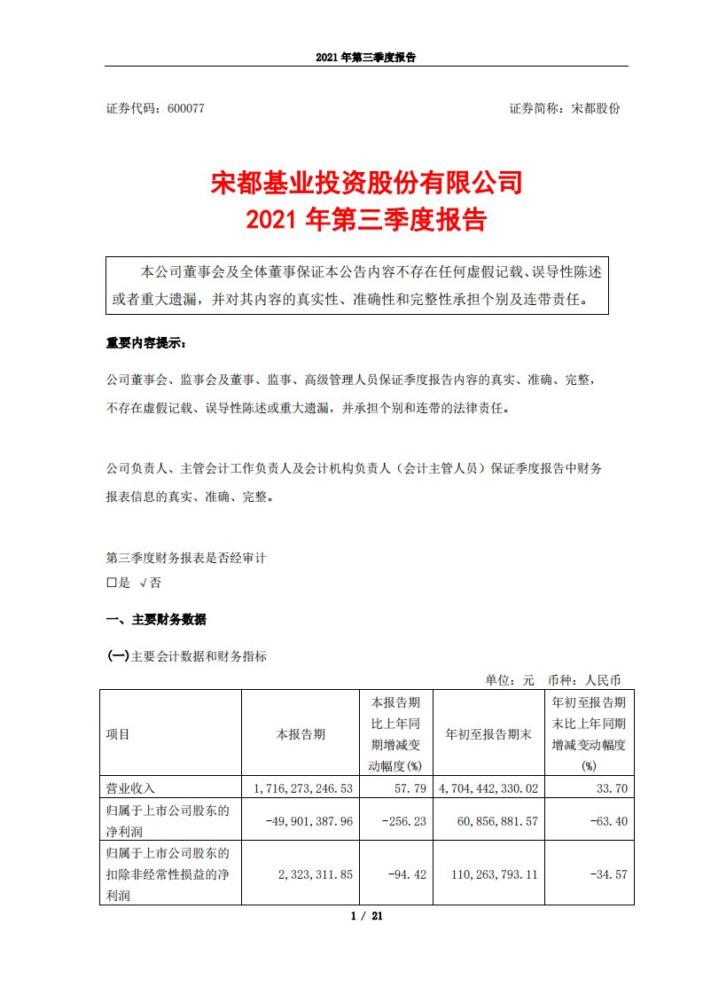 上交所-宋都基业投资股份有限公司（600077）2021年第三季度报告-20211029