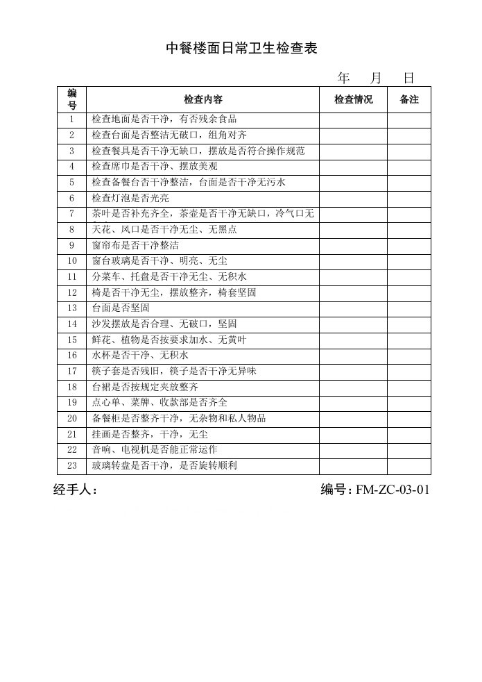 中餐楼面日常卫生检查表(doc