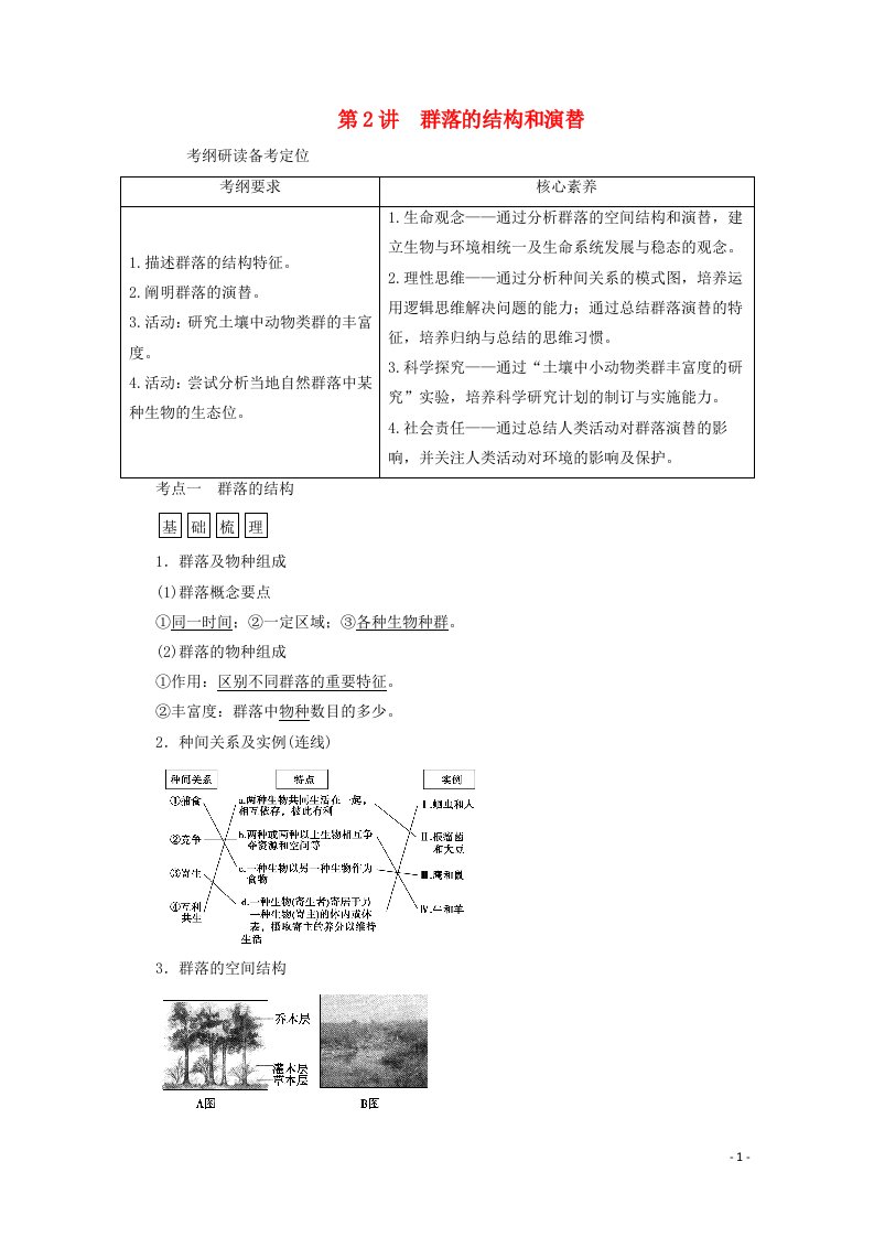 新高考2021高考生物一轮复习选择性必修部分模块2生物与环境第1单元生物与环境第2讲群落的结构和演替学案新人教版