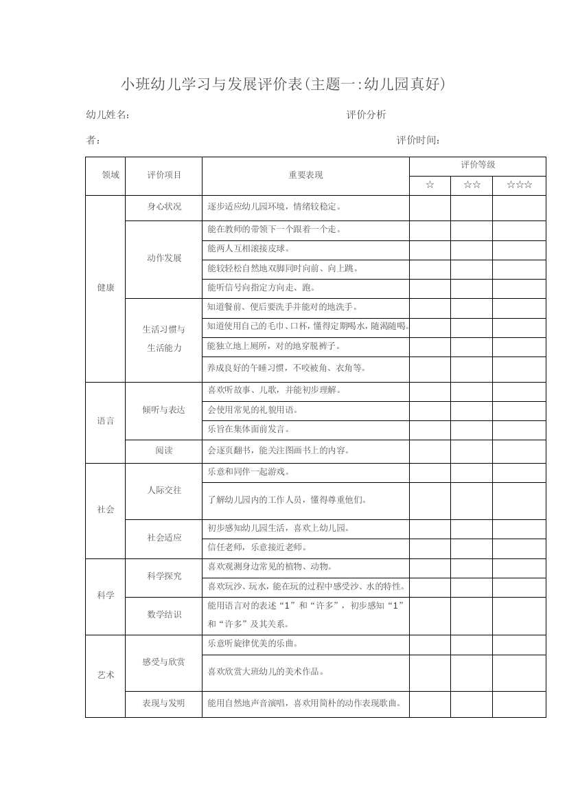 新版小班幼儿发展评价表