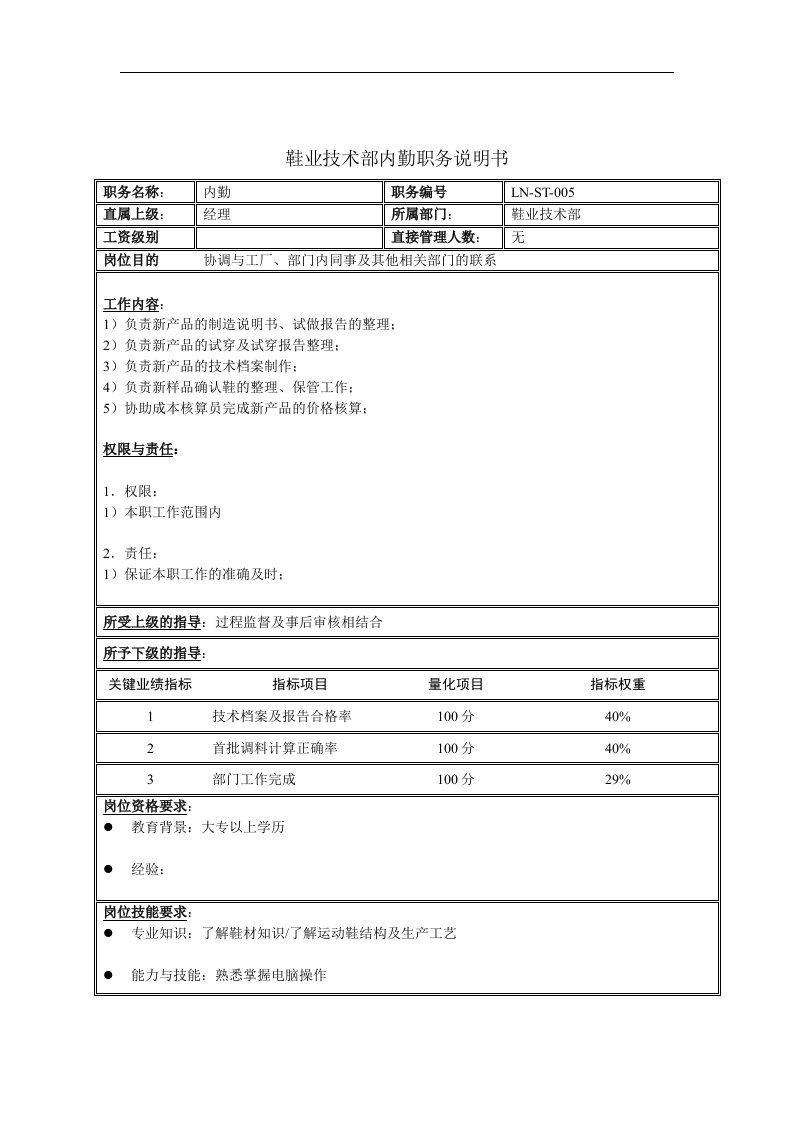 鞋业技术部内勤职务说明书