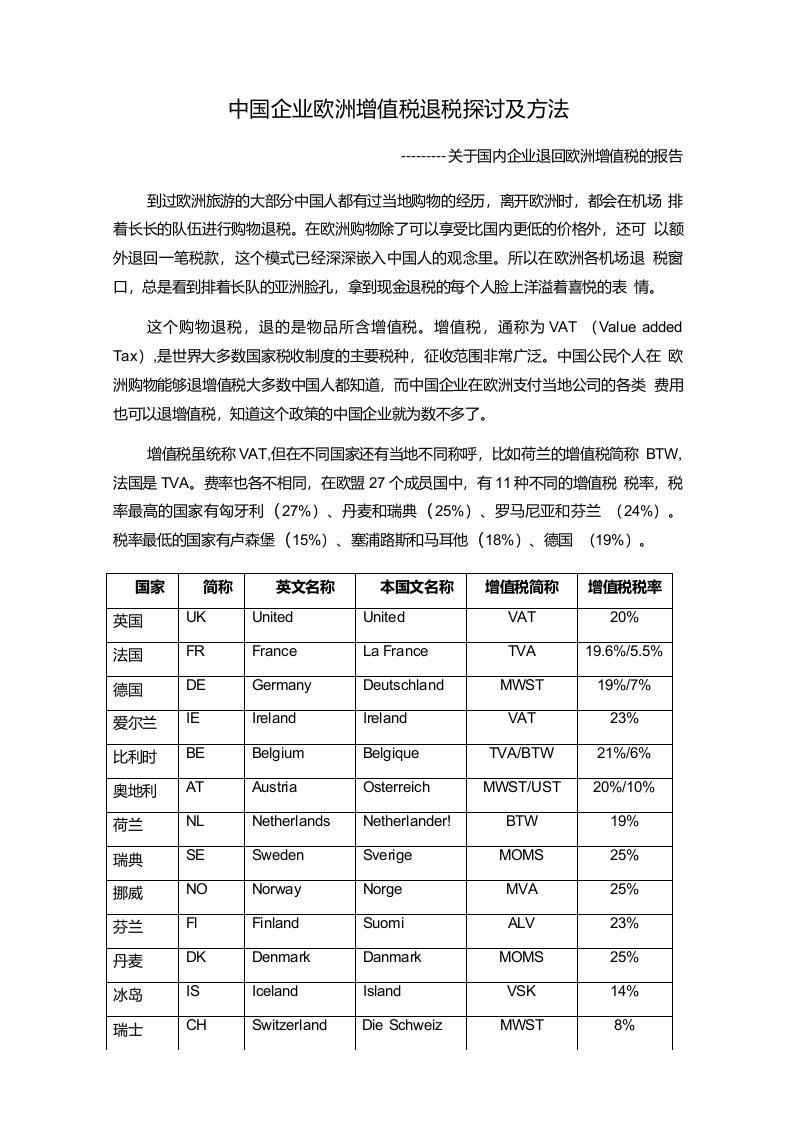 中国企业欧洲增值税退税探讨及方法