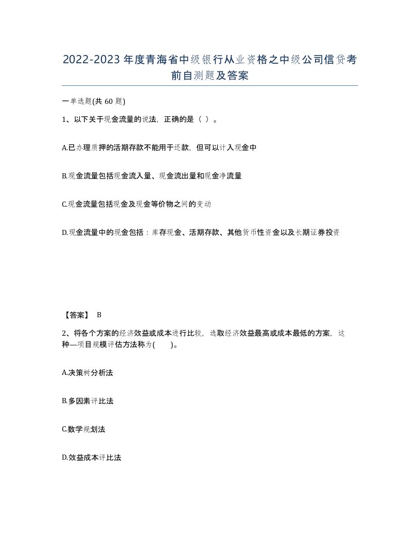 2022-2023年度青海省中级银行从业资格之中级公司信贷考前自测题及答案