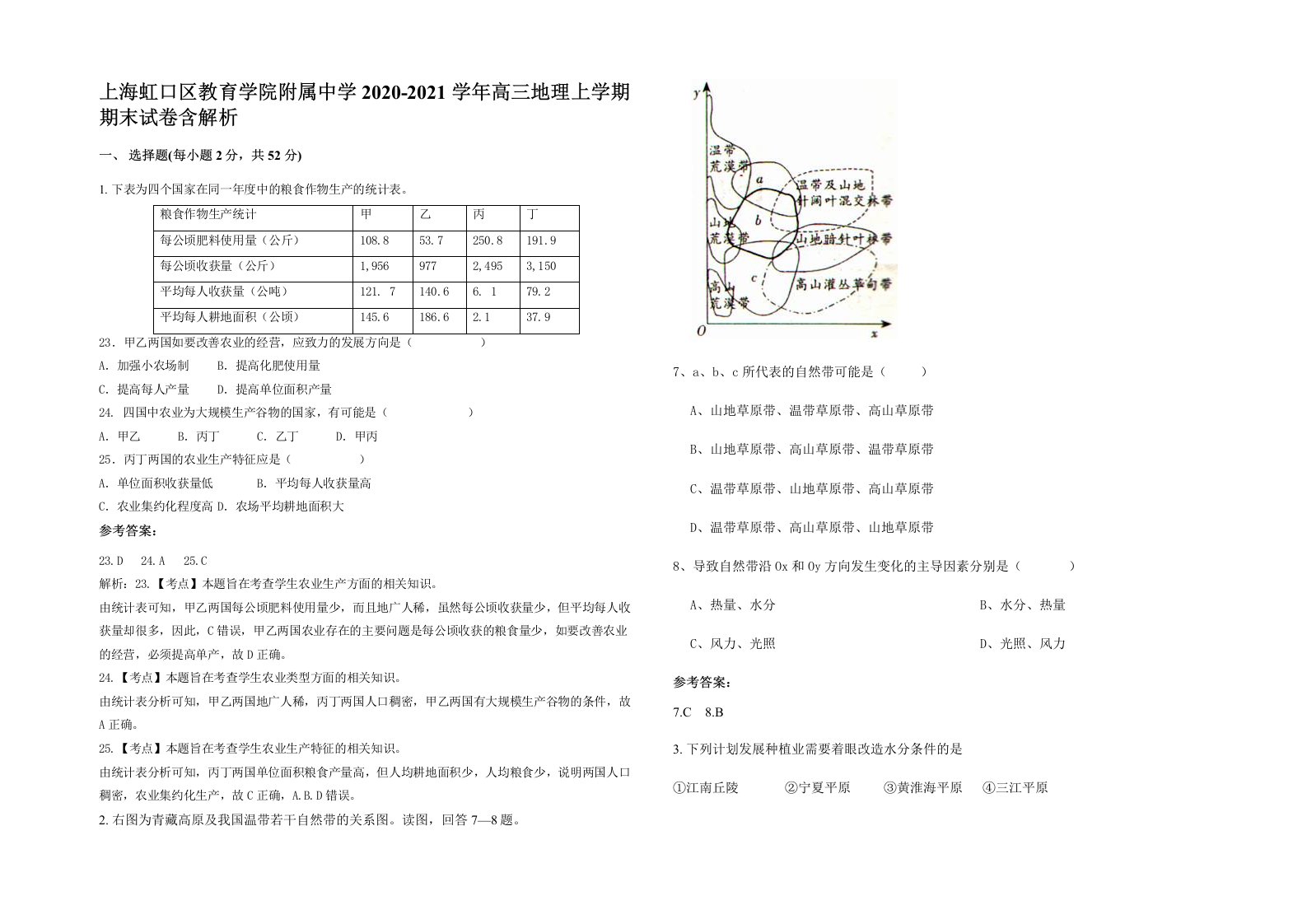 上海虹口区教育学院附属中学2020-2021学年高三地理上学期期末试卷含解析