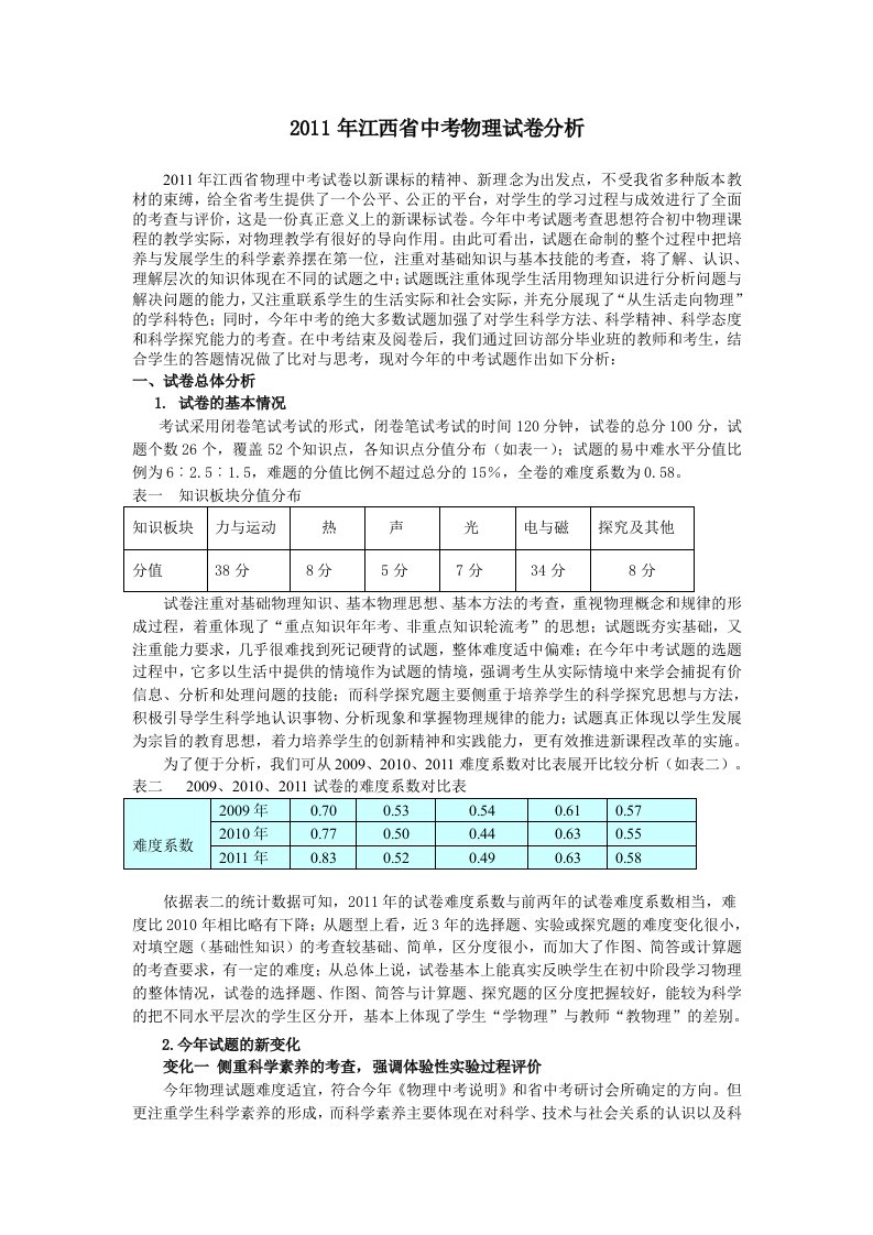 江西省2011年中考物理试卷分析