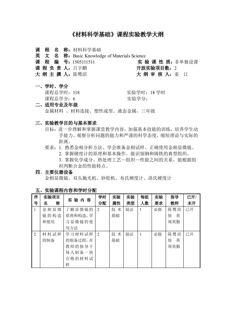 材料科学基础课程实验教学大纲