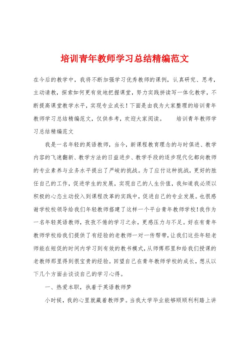 培训青年教师学习总结精编范文