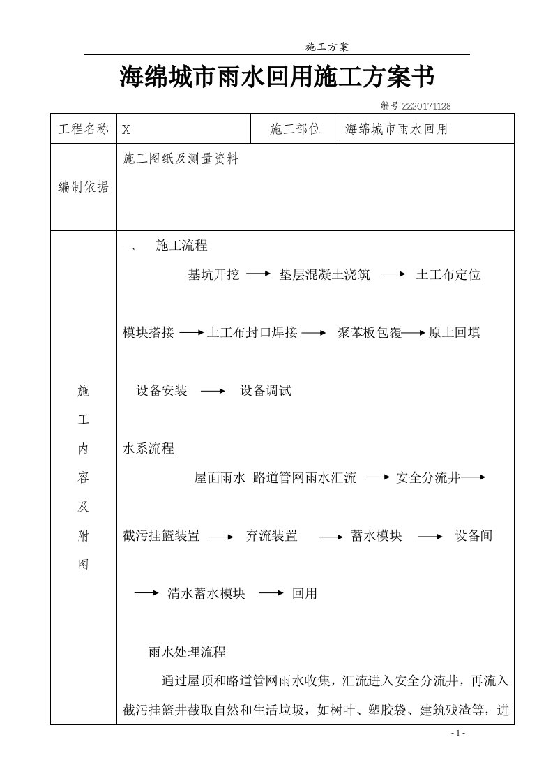 海绵城市雨水回用施工方案书